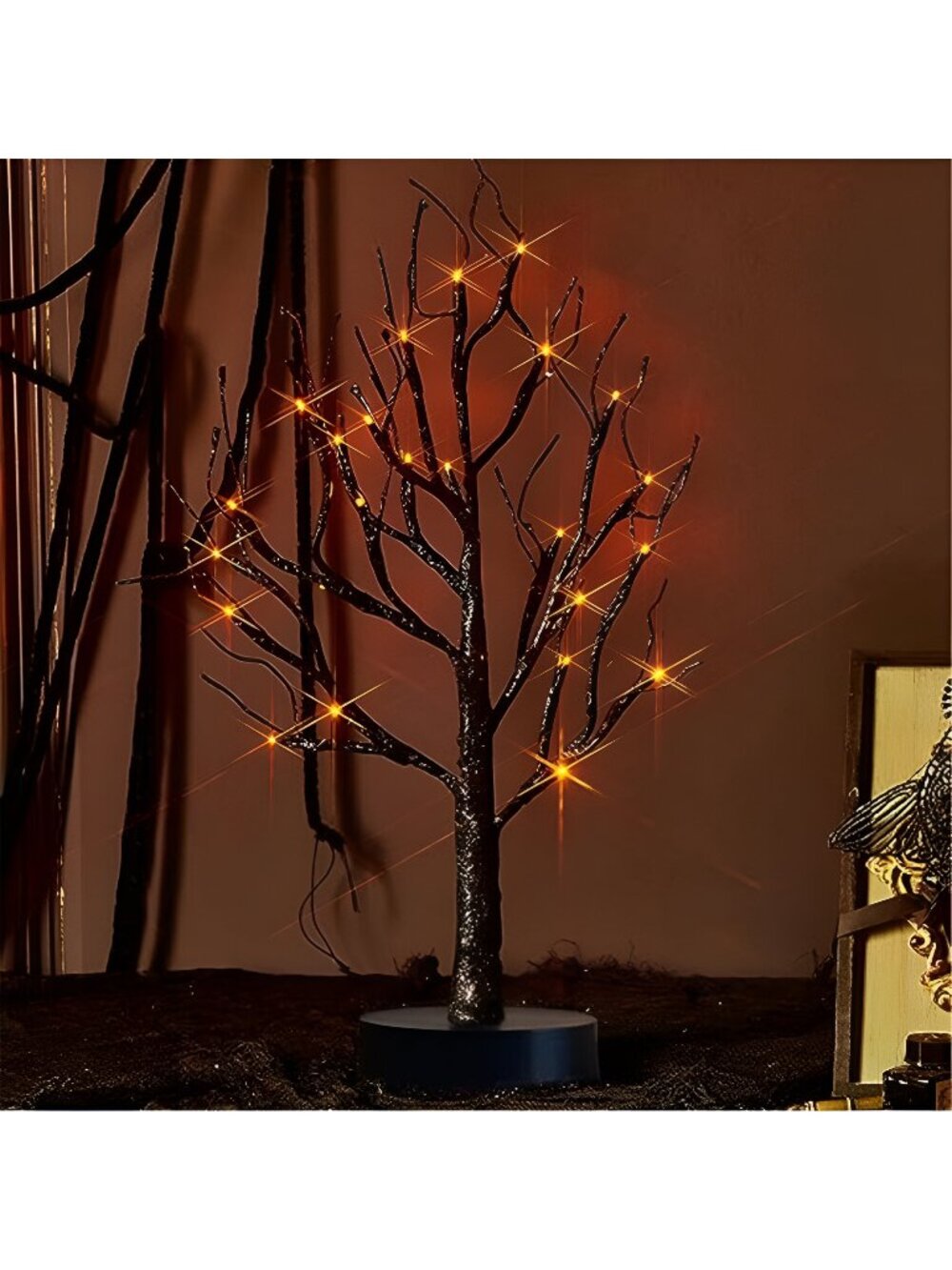 Fudios Black Halloween Tree with Lights 24 LED Orange with Timer, Lighted